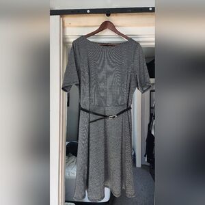 Modcloth fit and flare belted grey dress